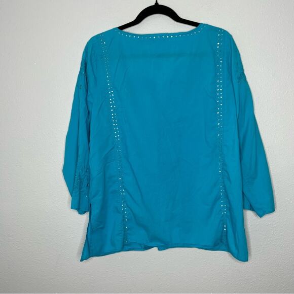 Calypso St. Barth Aqua Blue 3/4 Sleeve Embroidered Cotton Tunic Women's size M - Picture 2 of 8
